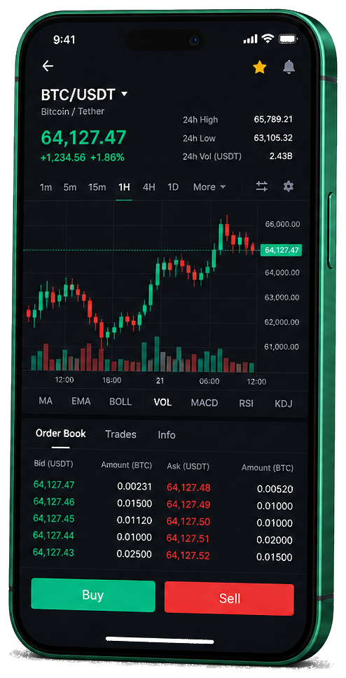 Liane Solvence trading platform on mobile — live BTC/USDT chart, order book, and buy/sell interface
